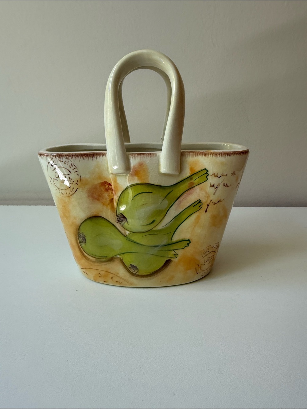 Handcrafted Pear-Print Ceramic Vase in Cream and Green